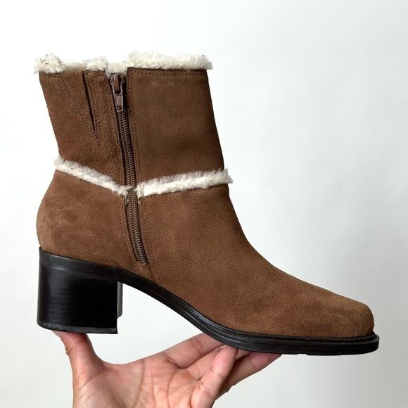 BROWN SUEDE LEATHER SHEARLING SHORT BOOTS by Markon Zipped with Heel Size- 9 1/2 - Picture 6 of 13